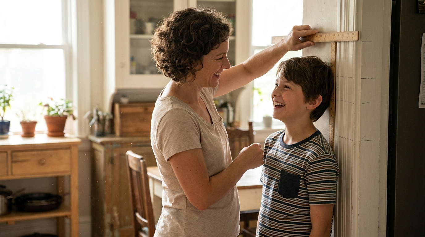 A mother measuring her teenage son's height against a doorframe.